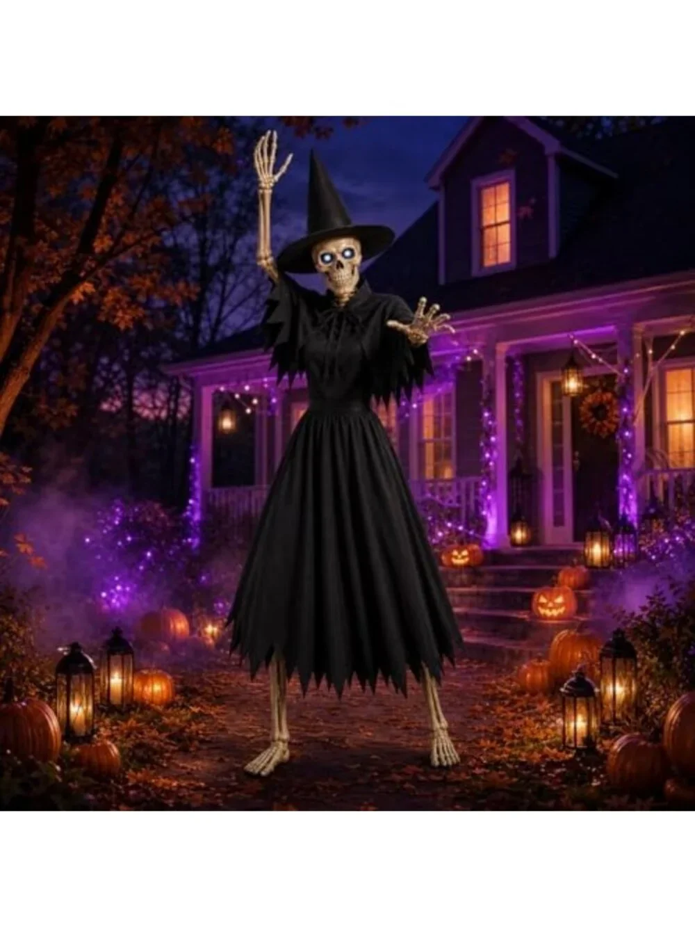 4-Piece Black Witch Costume Set for Halloween Decor & 12 Ft Skeleton Display